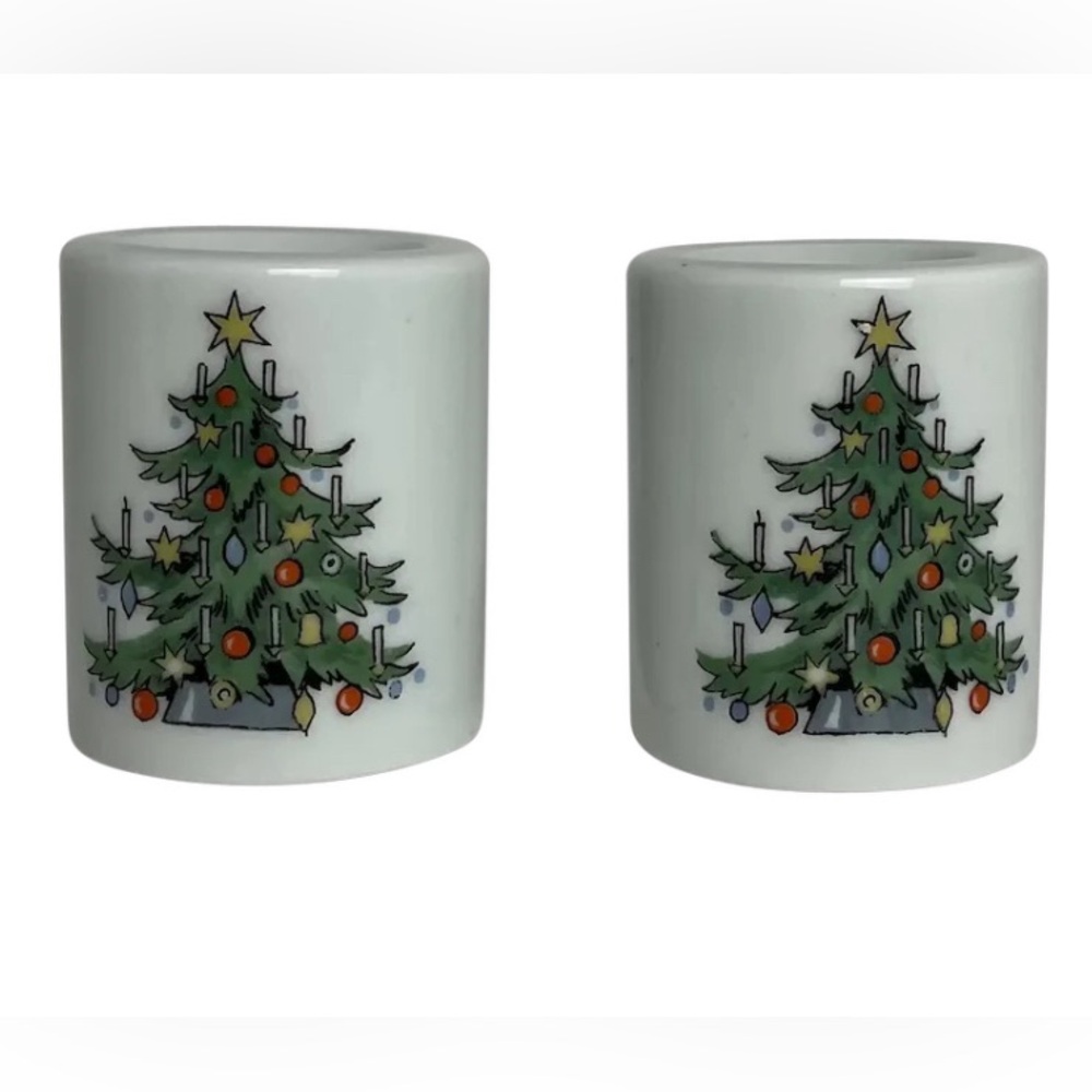 2 Vtg “Funny Design” W-Germany tapered porcelain candle holders! Christmas tree!